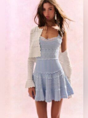 LoveShackFancy Ronelle Pointelle Scallop Mini Dress In MORNING TIDE, brand new.